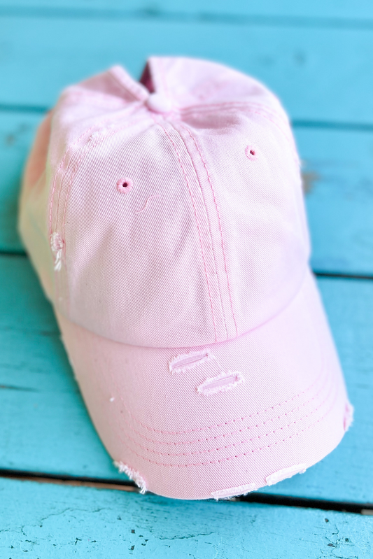 Light Pink Distressed Ponytail Baseball Cap