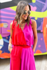 Hot Pink Red Colorblock V Neck Shoulder Tie Top, shop style your senses by mallory fitzsimmons