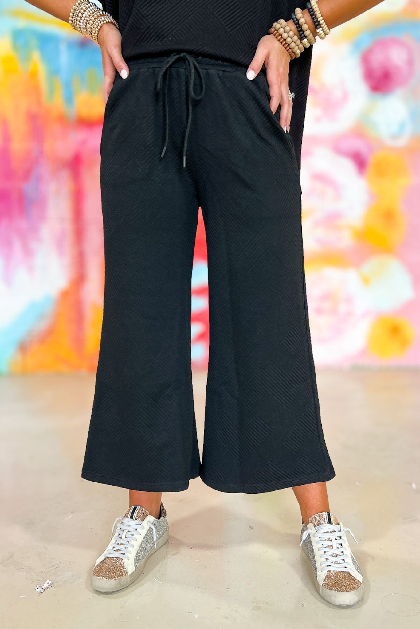 Black Textured Drop Shoulder Wide Leg Pants Set, fall transition piece, chic updated pant, versatile top, mom style, running errands, easy to style, matching set, shop style your senses by mallory fitzsimmons