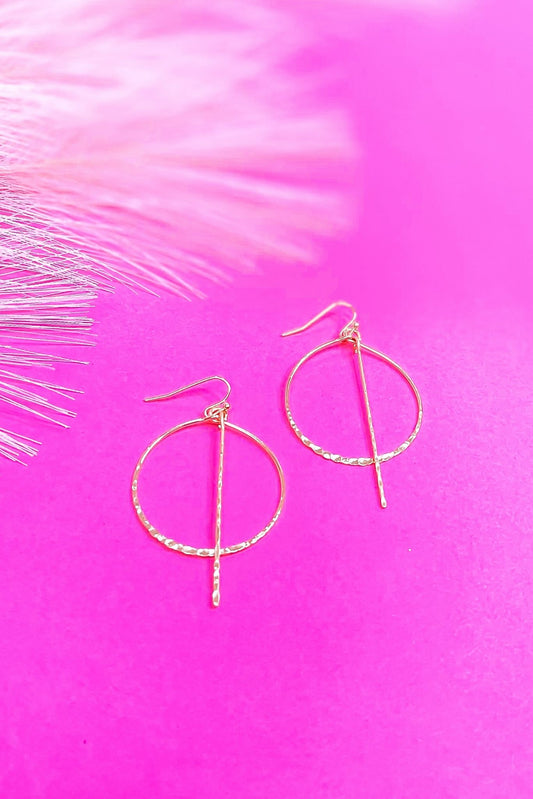 Gold Hammered Bar Open Circle Dangle Earrings