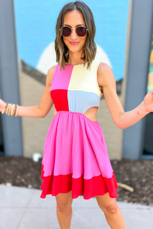 Pink Colorblock Round Neck Cut Out Dress, colorblock dress, dress, cut out dress, summer dress, date night, mom style, shop style your senses by mallory fitzsimmons