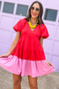 Red Pink Colorblock V Neck Bubble Sleeve Babydoll Dress, colorblock dress, v neck, puff sleeve, tiered dress, babydoll dress, shop style your senses by mallory fitzsimmons