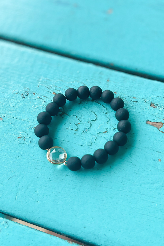 Black Beaded Clear Stone Stretch Bracelet