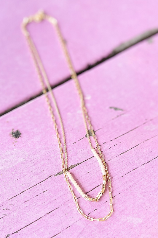 Gold Beige Beaded Double Layer Necklace