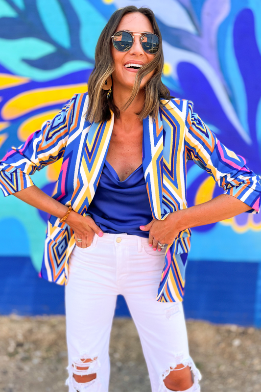 Blue Tribal Print Ruched Sleeve Blazer