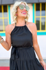 Black Shimmer Tiered Tie Waist Hi Low Midi Dress, halter top, summer essentials, tiered dress, lined, mom style, shop style your senses by mallory fitzsimmons