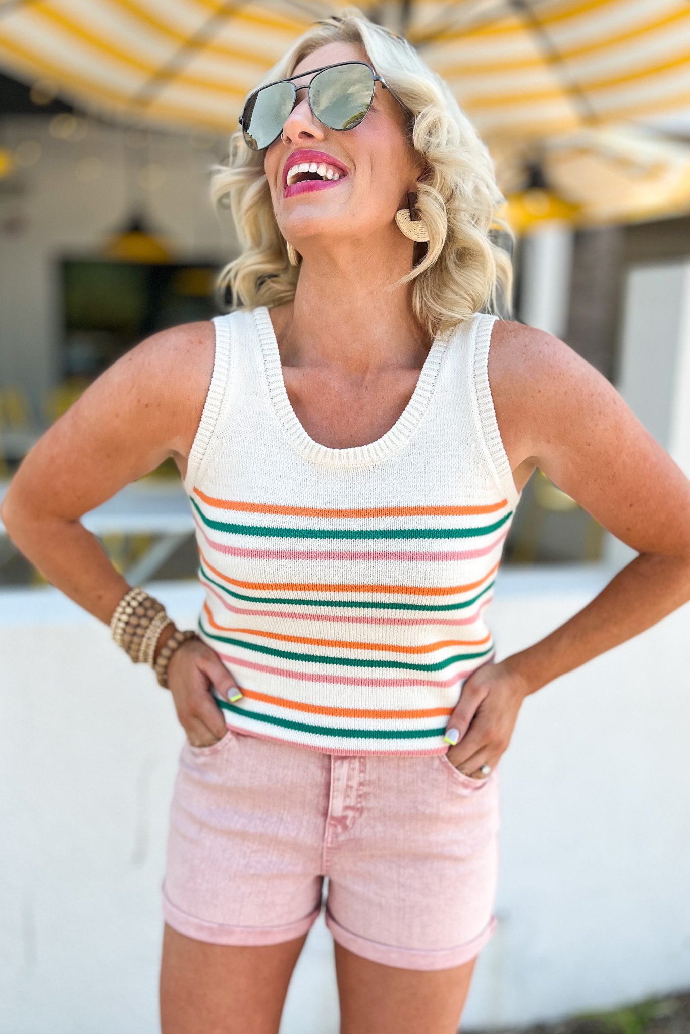 Pink Acid Wash High Rise Denim Shorts, stretchy, summer essentials, rolled hem, striped tank, acid wash, mom style, shop style your senses by mallory fitzsimmons
