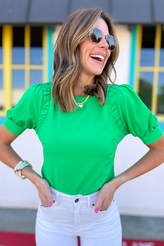 Green Puff Sleeve Shoulder Gathering Top, poplin top, work to weekend, puff sleeve shoulder, date night, shop style your senses by mallory fitzsimmons