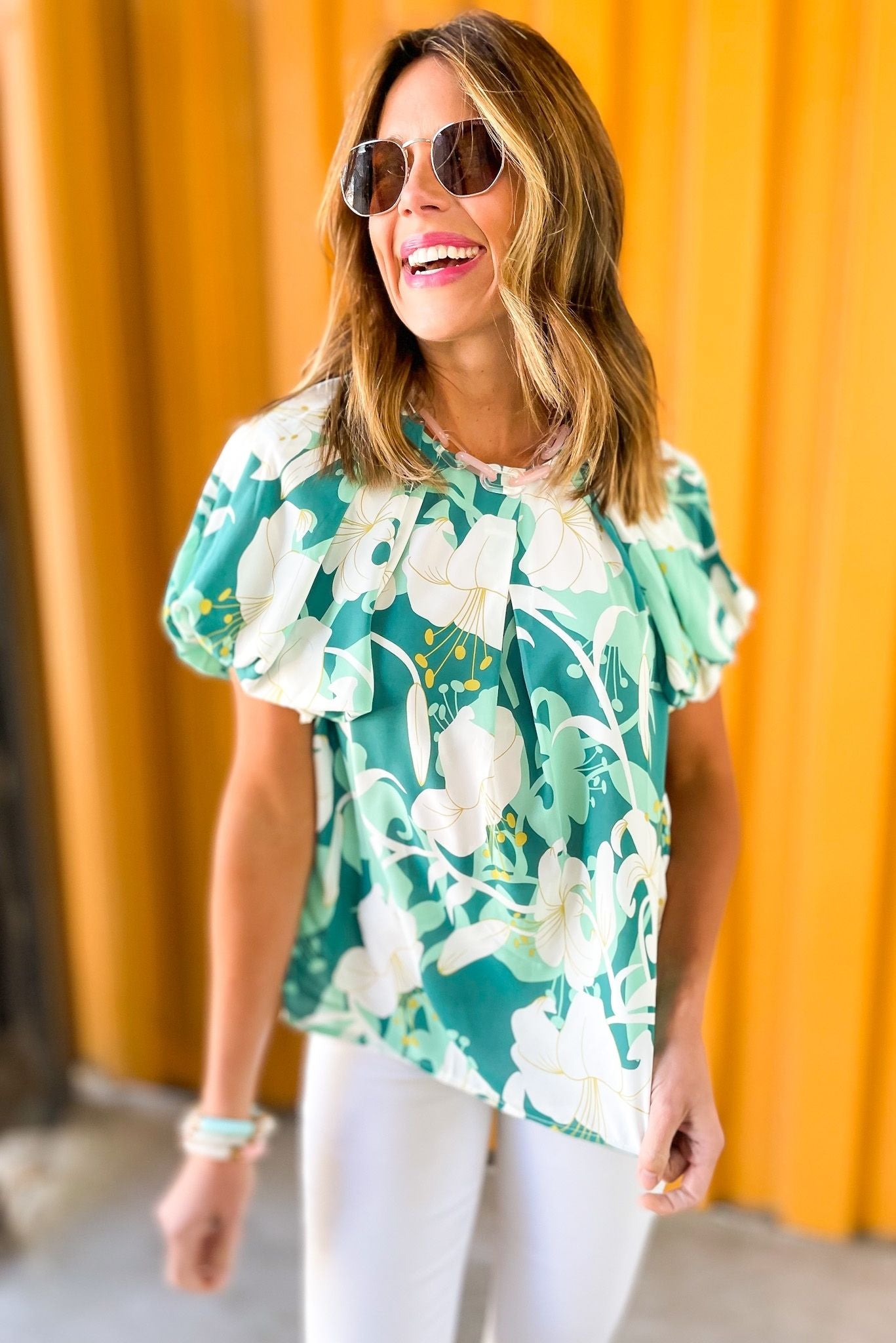 Teal Floral Print Pleated Bubble Sleeve Top, flutter sleeve, blouse, work to weekend, teal floral print, spring top, mom style, summer outfit, flower print, pleated, shop style your senses by mallory fitzsimmons