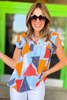 Blue Orange Geometric Print Ruffle Sleeve V Neck Top, boxy top, ruffle sleeves, v neck, work to weekend, date night, summer top, shop style your senses by mallory fitzsimmons