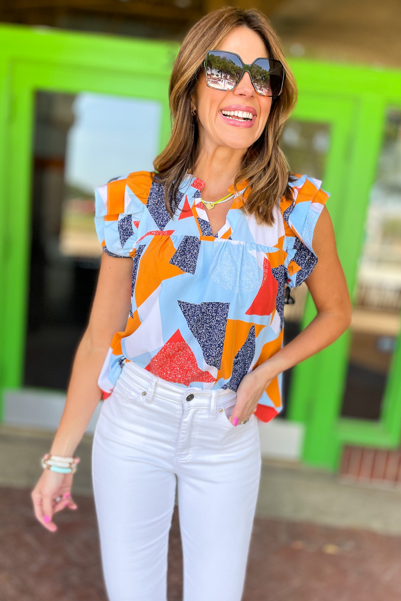 Blue Orange Geometric Print Ruffle Sleeve V Neck Top, boxy top, ruffle sleeves, v neck, work to weekend, date night, summer top, shop style your senses by mallory fitzsimmons