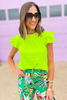Neon Green Flare Ruffle Layer Short Sleeve Top, flutter sleeve, layered top, neon green, neon top, summer top, tropical pants, shop style your senses by mallory fitzsimmons