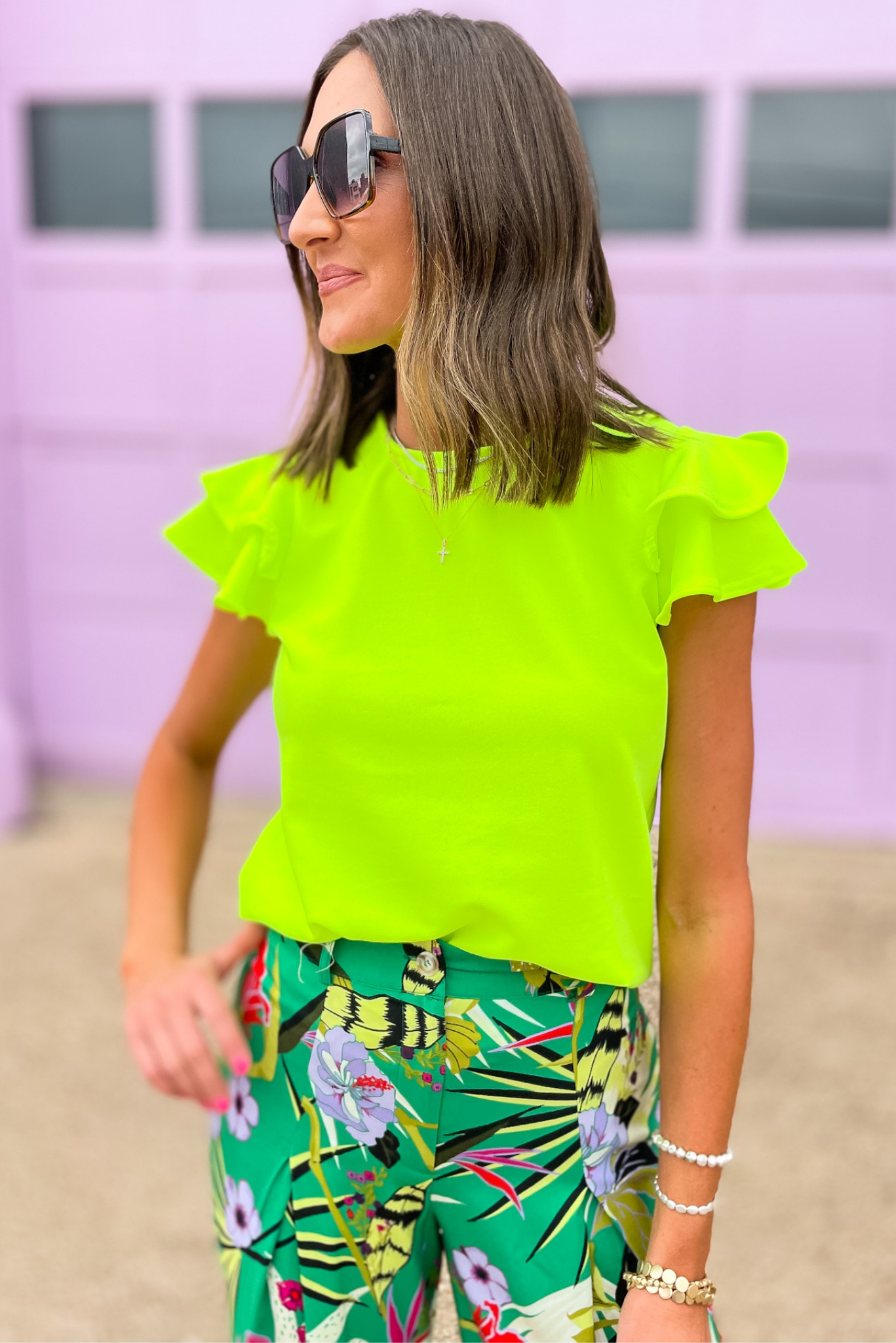 Neon Green Flare Ruffle Layer Short Sleeve Top, flutter sleeve, layered top, neon green, neon top, summer top, tropical pants, shop style your senses by mallory fitzsimmons