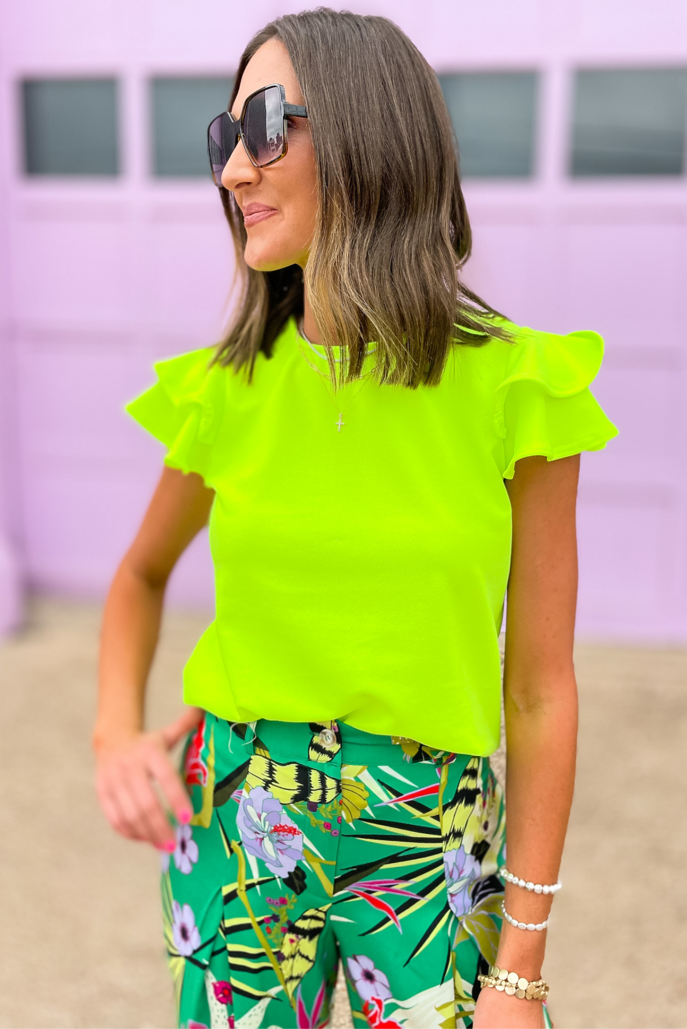 Neon green ruffle hot sale top