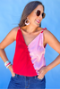 Red Pink Colorblock Twisted Strap Silky Bodysuit, shop style your senses by mallory fitzsimmons