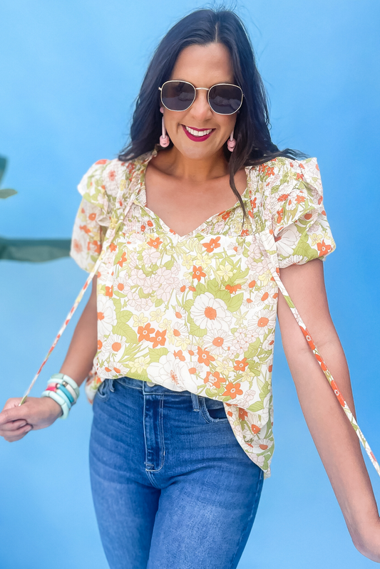 Gold Floral Print V Neck Ruffle Hem Puff Sleeve Top, shop style your senses by mallory fitzsimmons