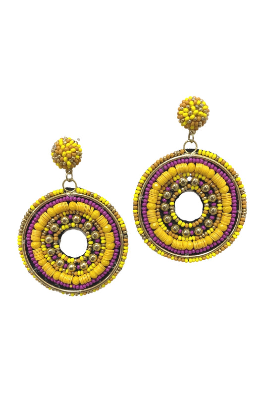 Yellow and Purple Beaded Round Dangle Earrings*FINAL SALE*